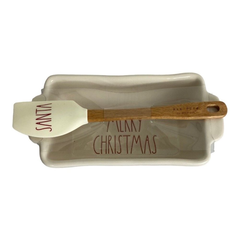Rae Dunn  Merry Christmas Mini Loaf Pan Baking Dish w/ Spatula Santa Red NEW